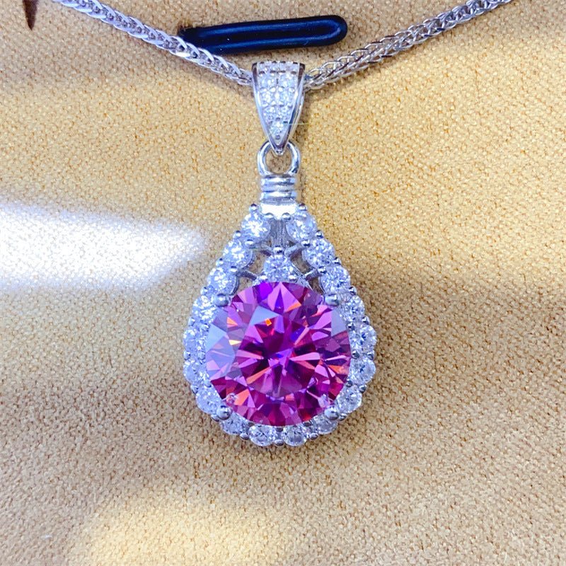 Pink Moissanite Teardrop Halo Pendant Necklace, 1 to 10 Carat Statement Clavicle Chain – view 4