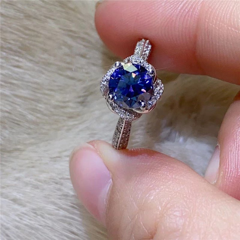 Blue Moissanite Halo Ring for Women, 1 Carat U-Shape Engagement Ring Style – view 4