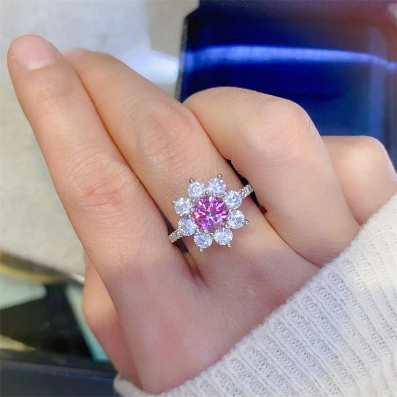 Pink Moissanite Flower Halo Ring for Women, Promise Ring, Size 8-20 – view 4