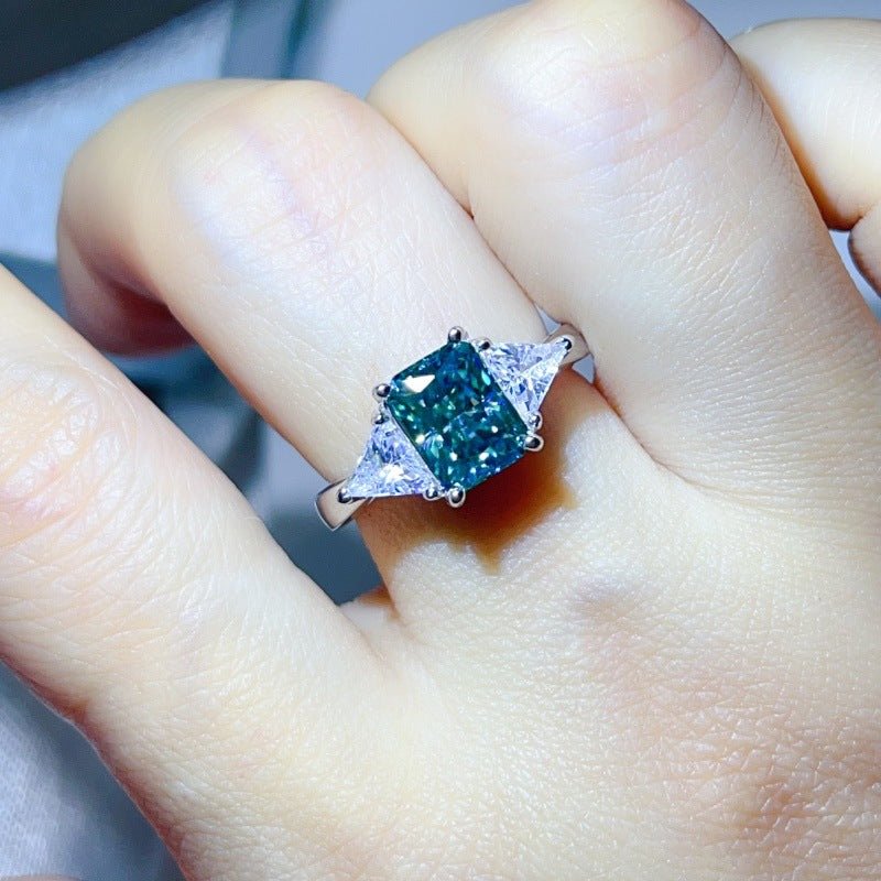 Green Moissanite Geometric Ring with Triangle Side Stones for Women – view 4