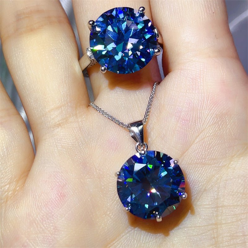 Blue Moissanite Ring and Pendant Necklace Set for Women, 5 Carat & 10 Carat Round Solitaire Jewelry – view 4