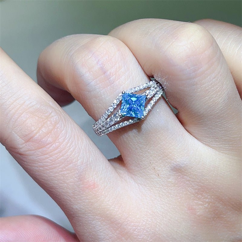 1 Carat Princess Cut Blue Moissanite Ring for Women, Split Shank Halo Style Engagement Ring – view 4