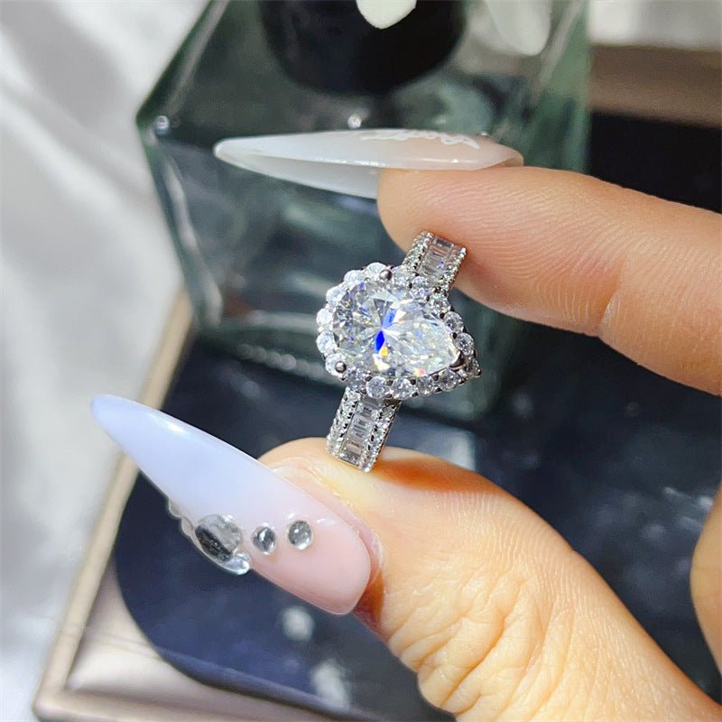 2 Carat Pear Cut Moissanite Halo Ring for Women, Colored Teardrop Engagement Ring with Baguette Band – view 4