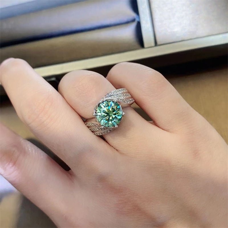 Green Moissanite Ring for Women, 3 Carat or 5 Carat Engagement Ring, Round Solitaire Style U-Shaped Geometric Band – view 4