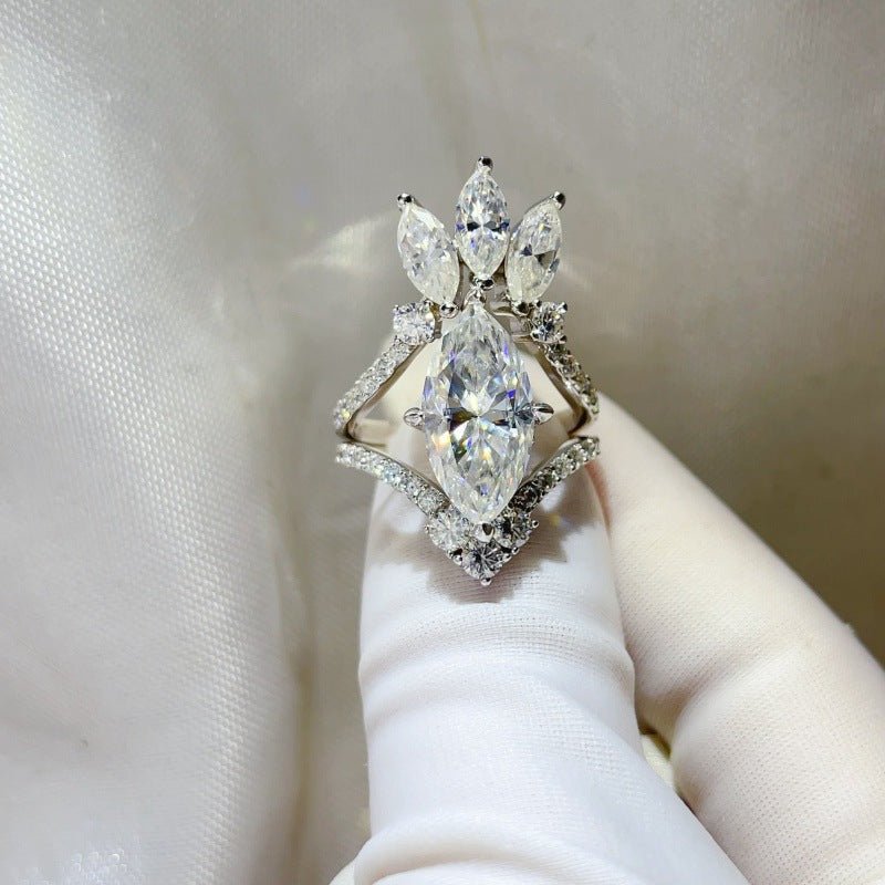 925 Silver Marquise Moissanite Ring for Women, 5 Carat Statement Ring Set, U-Shaped Stackable Engagement Style Ring – view 4
