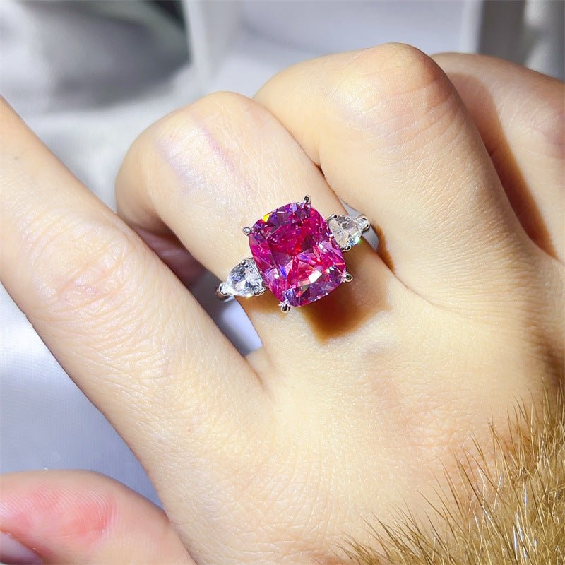 Pink 5 Carat Cushion Cut Moissanite Three-Stone Ring for Women – view 4