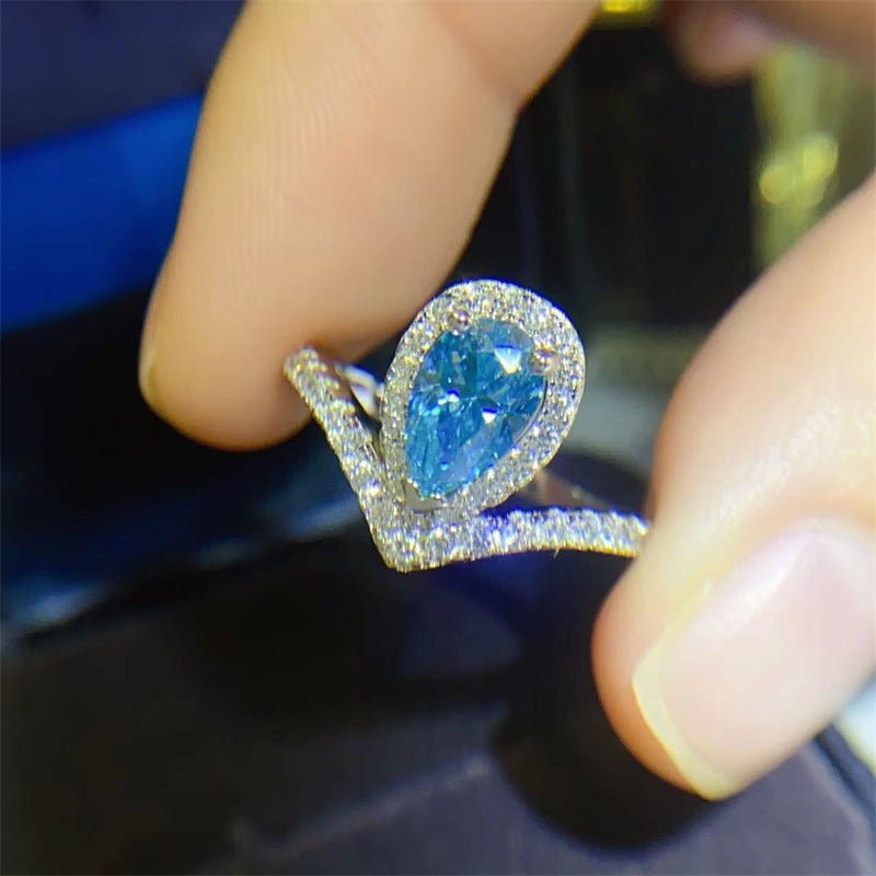 Blue Moissanite Halo Ring for Women, Pear Cut V-Shape Band, Promise & Engagement Style – view 4