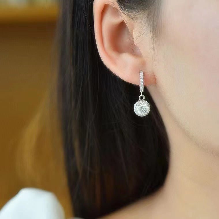 Moissanite Halo Drop Hoop Earrings for Women, Round Pavé Water Ripple Dangle Earrings – view 4