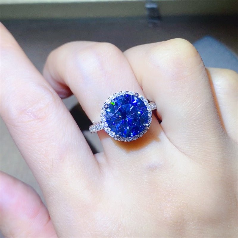 Blue Moissanite Halo Ring for Women, Round Cut Engagement Ring, 1 Carat 2 Carat 3 Carat 5 Carat Promise Ring – view 4