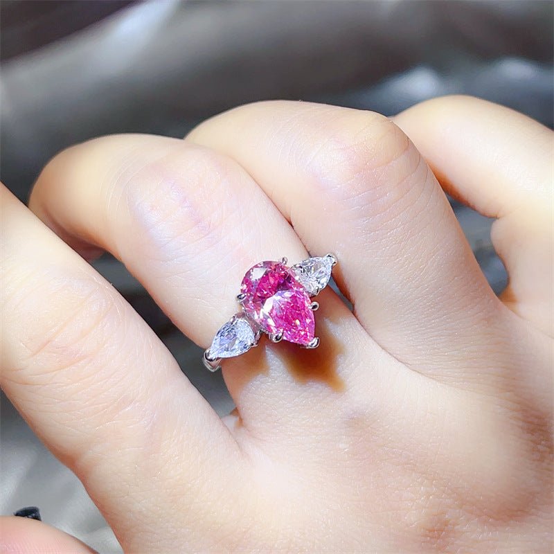 Pink Pear Cut Moissanite Ring for Women - Three Stone Engagement Style Ring, 1 Carat 2 Carat 3 Carat – view 4