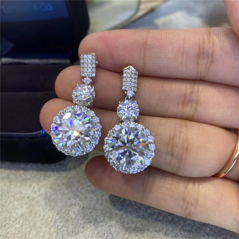 Moissanite Round Halo Drop Earrings, Silver-Tone Dangle Studs with Pavé Top – view 4