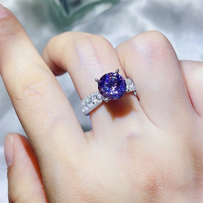 Purple Moissanite Ring for Women, Round Cut Engagement Ring with Pavé Band – view 4