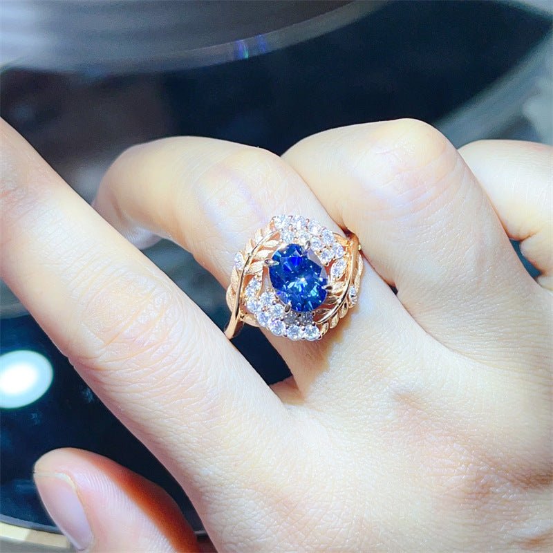 Blue Moissanite Leaf Halo Ring for Women, Oval Stone Statement Ring, U-Shape Fashion Ring – view 4