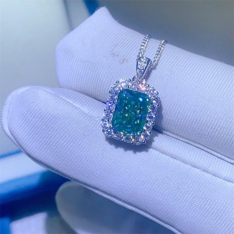 Green Moissanite Radiant Cut Halo Pendant Necklace, Rectangular Mint Green Stone Necklace, 1 Carat or 2 Carat – view 4