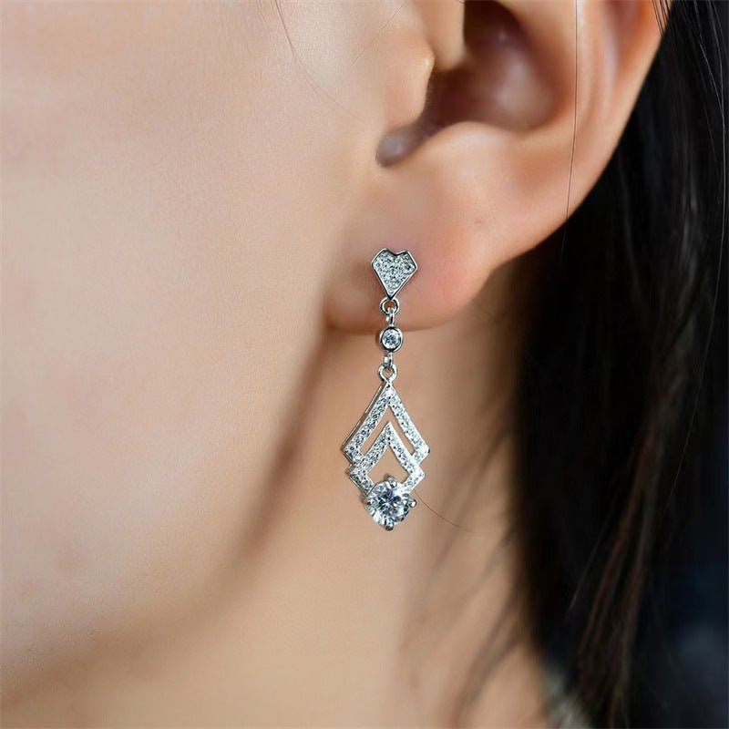Moissanite Drop Earrings with Heart Stud and Double Chevron Design – view 4