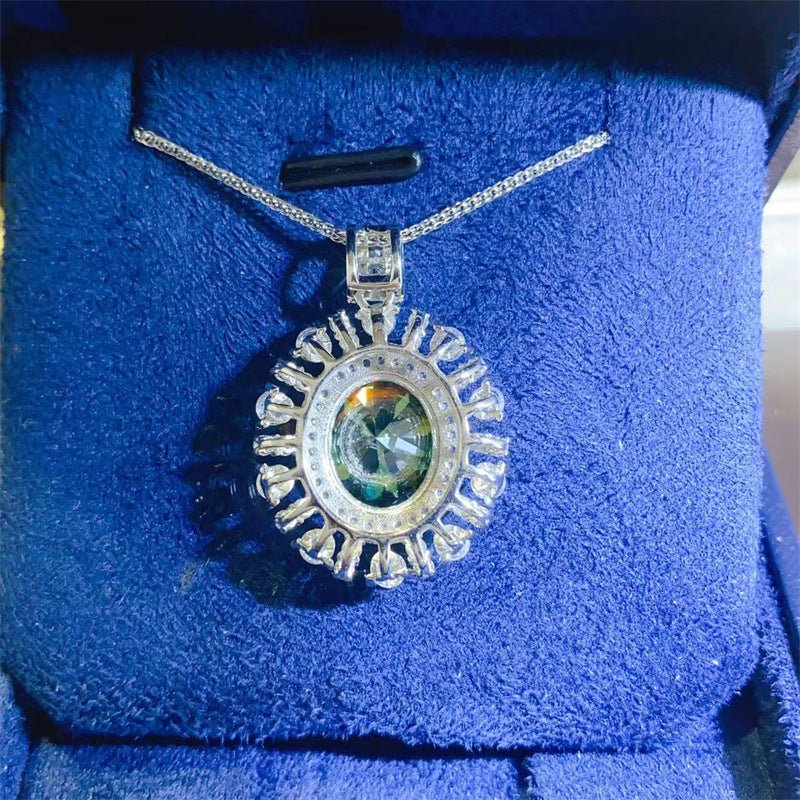 Green Moissanite Halo Pendant Necklace with Chain, 5 Carat Oval Sunburst Drop Necklace for Women – view 4