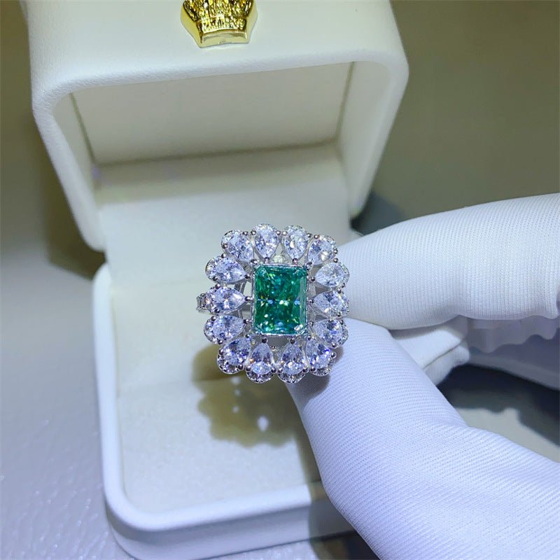 Green Moissanite Halo Ring for Women, Rectangular Geometric Statement Engagement Ring, 1 Carat 2 Carat 3 Carat – view 4
