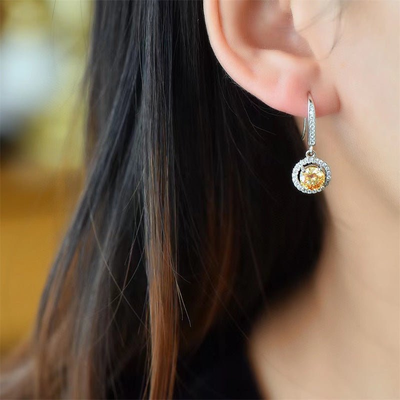 Yellow Moissanite Round Halo Drop Earrings, Sparkling Dangle Earrings for Women – view 4