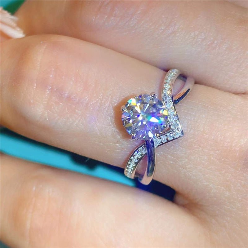VVS Moissanite Engagement Ring for Women, Four-Prong Round Solitaire Ring with Pavé V Band – view 3