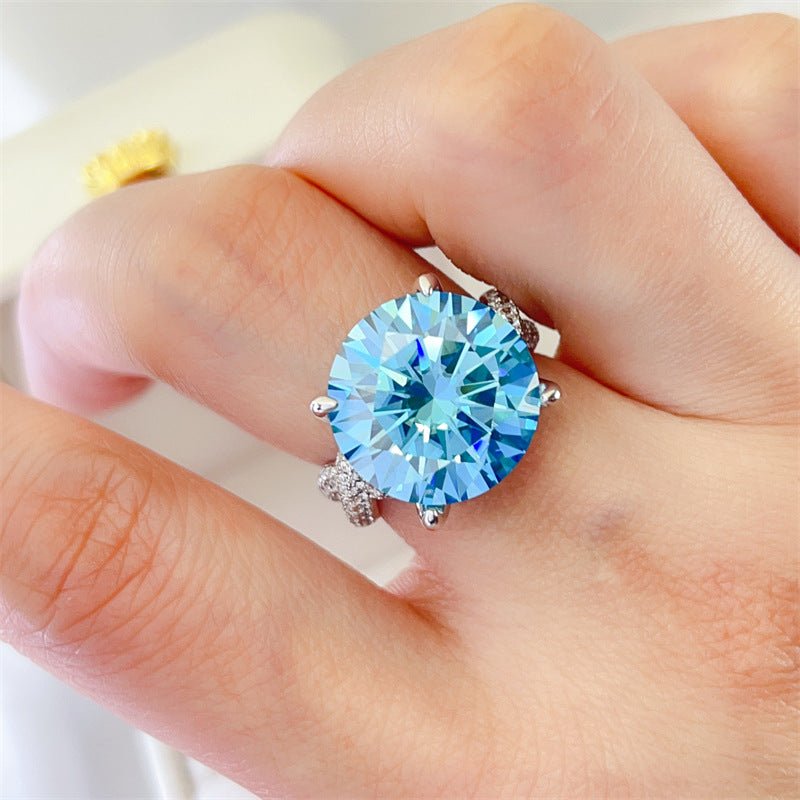 Blue Moissanite Ring for Women, 10 Carat Round Four-Prong Statement Engagement Ring with Pavé-Style Band – view 4