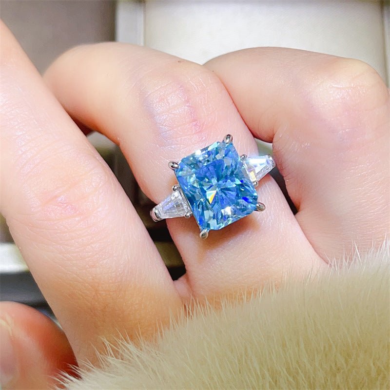 5 Carat Blue Moissanite Ring for Women, Radiant Cut Three-Stone Engagement Ring, U-Shaped Silver Tone Band – view 4