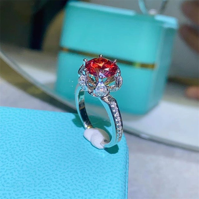 Red Moissanite Halo Ring for Women, Floral Pave Band Statement Ring, Gift Ring Sizes 8-20 – view 4