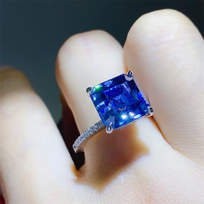 Blue Asscher Cut Moissanite Ring for Women, 5 Carat Square Halo Engagement Ring, Pavé Band Promise Ring – view 4