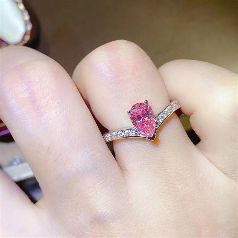 Pink Pear Shaped Moissanite Ring for Women, Micro Pavé U-Shaped Engagement Ring – view 4
