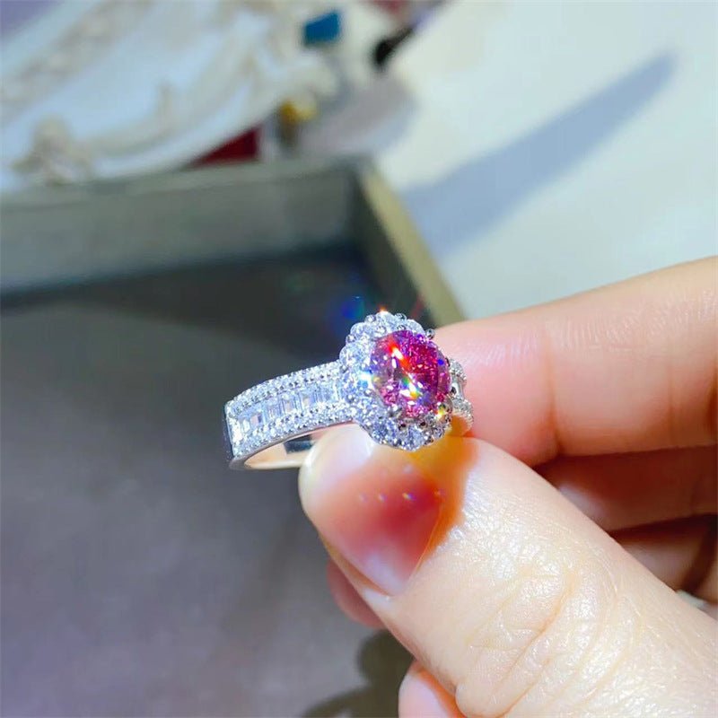 Pink Moissanite Halo Ring for Women, Geometric Pavé Band Statement Ring – view 4