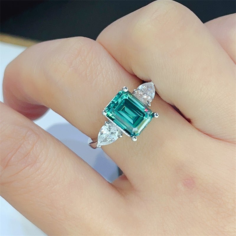 Green Moissanite Three Stone Ring for Women, Emerald Cut Promise Engagement Ring – view 4