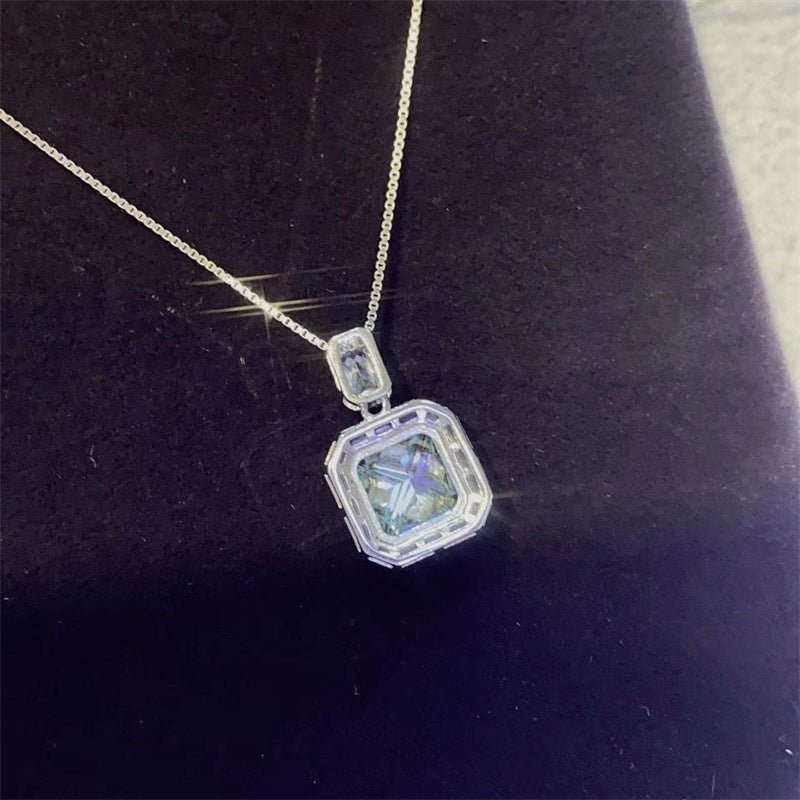 Blue Moissanite Square Pendant Necklace, Geometric Halo Gift Jewelry – view 4