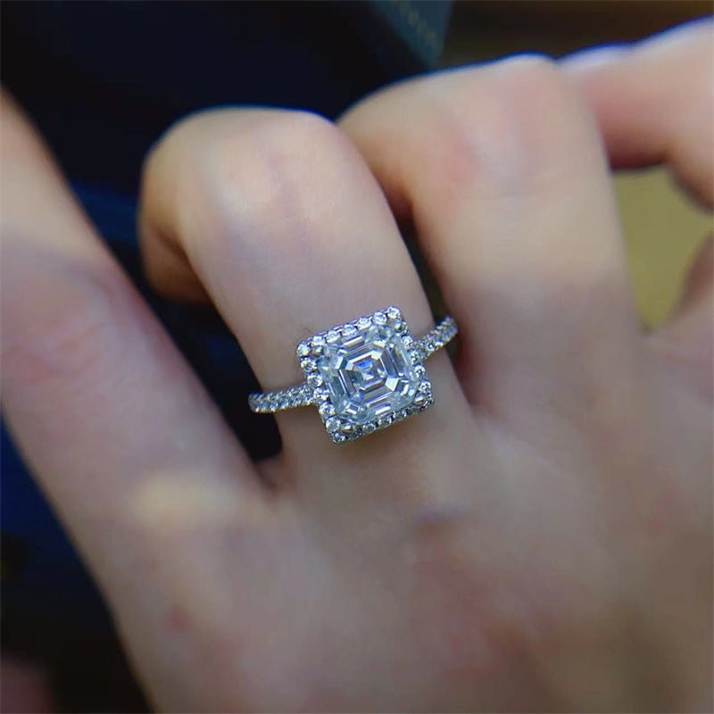 3 Carat Asscher Cut Moissanite Halo Ring for Women, Geometric Square Engagement Ring – view 4