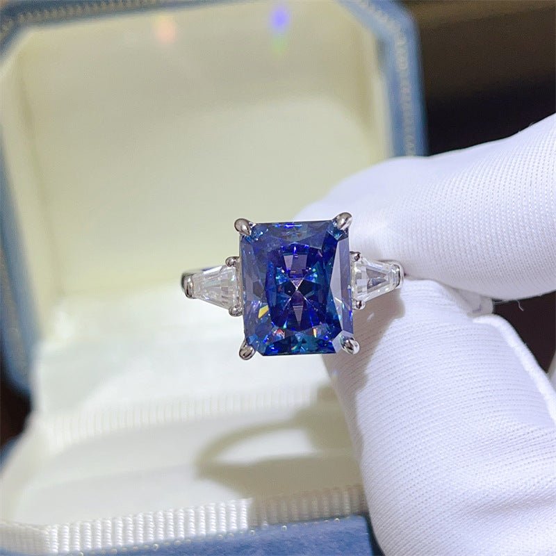 5 Carat Blue Moissanite Ring for Women, Radiant Cut Solitaire Engagement Ring with Tapered Side Stones – view 4