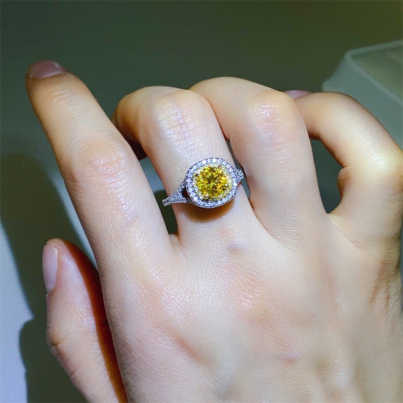 Yellow Moissanite Halo Ring for Women, Cushion Cut Engagement Ring Style, Geometric U-Shape Band – view 4