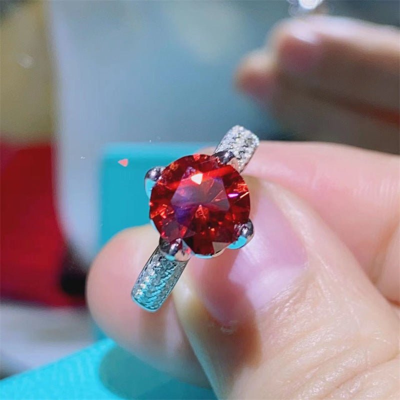 2 Carat Pigeon Blood Red Moissanite Ring with Pavé Band for Women – view 4