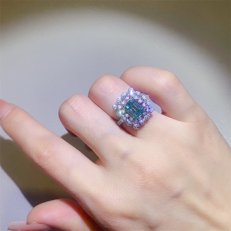 Green Emerald Cut Moissanite Halo Ring for Women, Geometric Statement Engagement Ring, 1 Carat 2 Carat 3 Carat – view 4