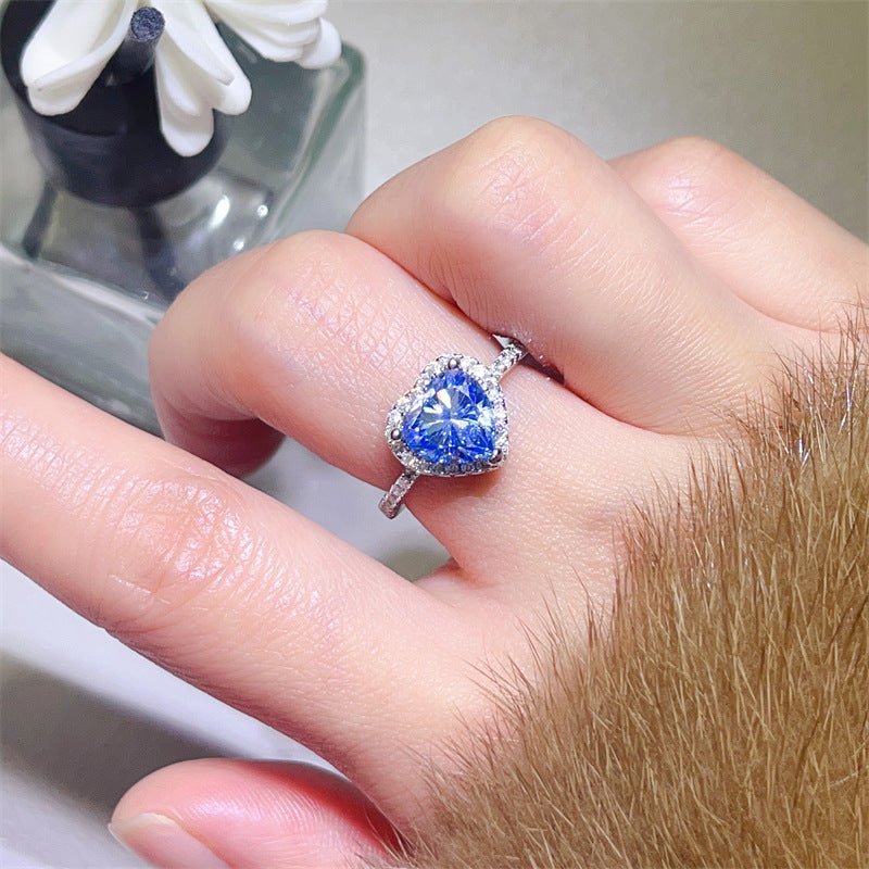 Blue Heart Moissanite Halo Ring for Women, Engagement Promise Wedding Ring – view 4