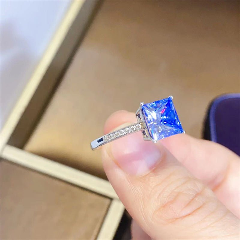 Blue Square Cut Moissanite Ring with Pave Band, Engagement Ring for Women – view 4
