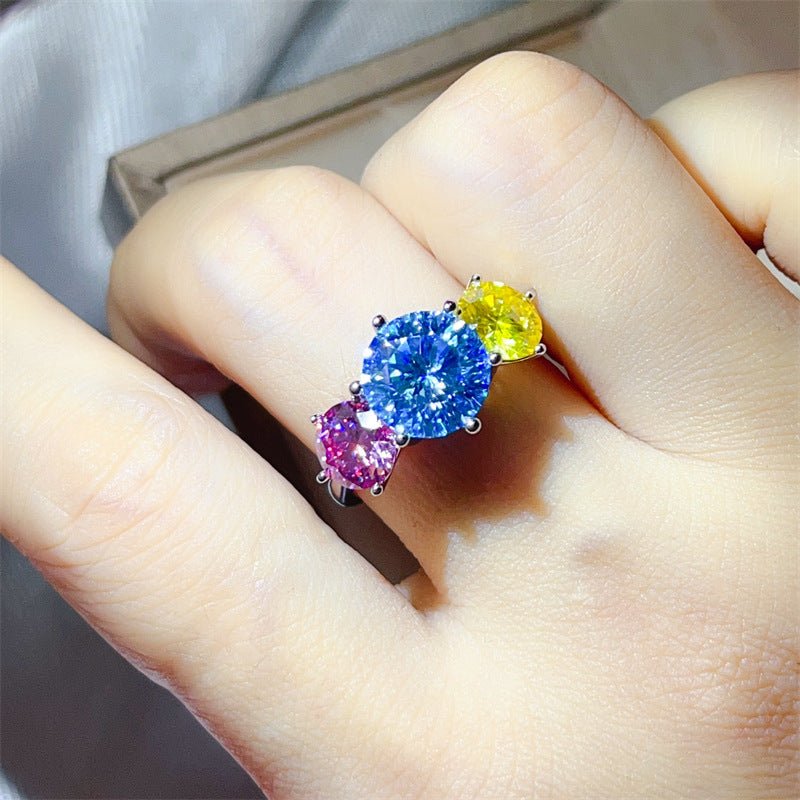 5 Carat Multicolor Three-Stone Moissanite Ring for Women, Blue Center with Pink and Yellow Side Stones – view 4