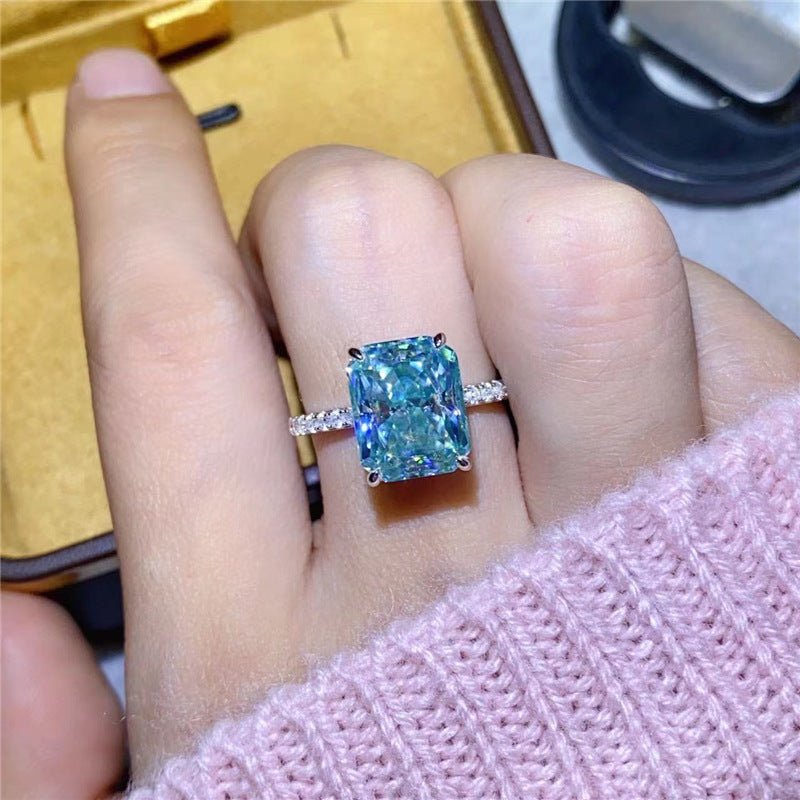 Mint Green Moissanite Ring for Women, Elongated Rectangular Stone Engagement Ring, Pave Band Promise Ring, 1 Carat 2 Carat 3 Carat 5 Carat – view 4