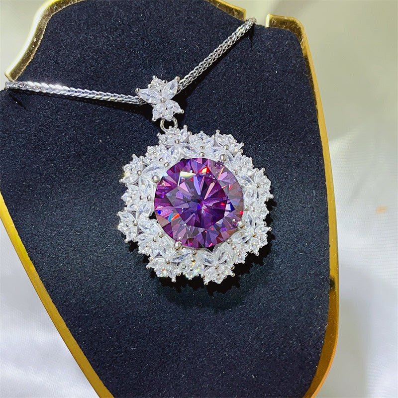 Moissanite Pendant Necklace with Purple Round Stone and Floral Halo Chain, 10 Carat Statement Necklace – view 4