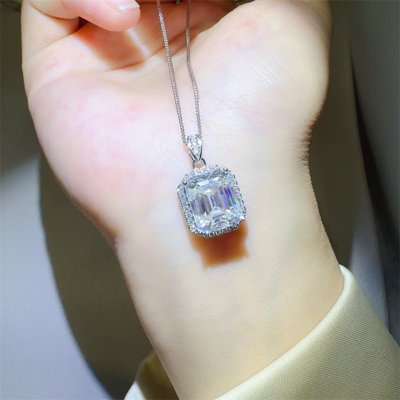 Emerald Cut Clear Stone Pendant Necklace with Pave Halo Chain Included – view 4