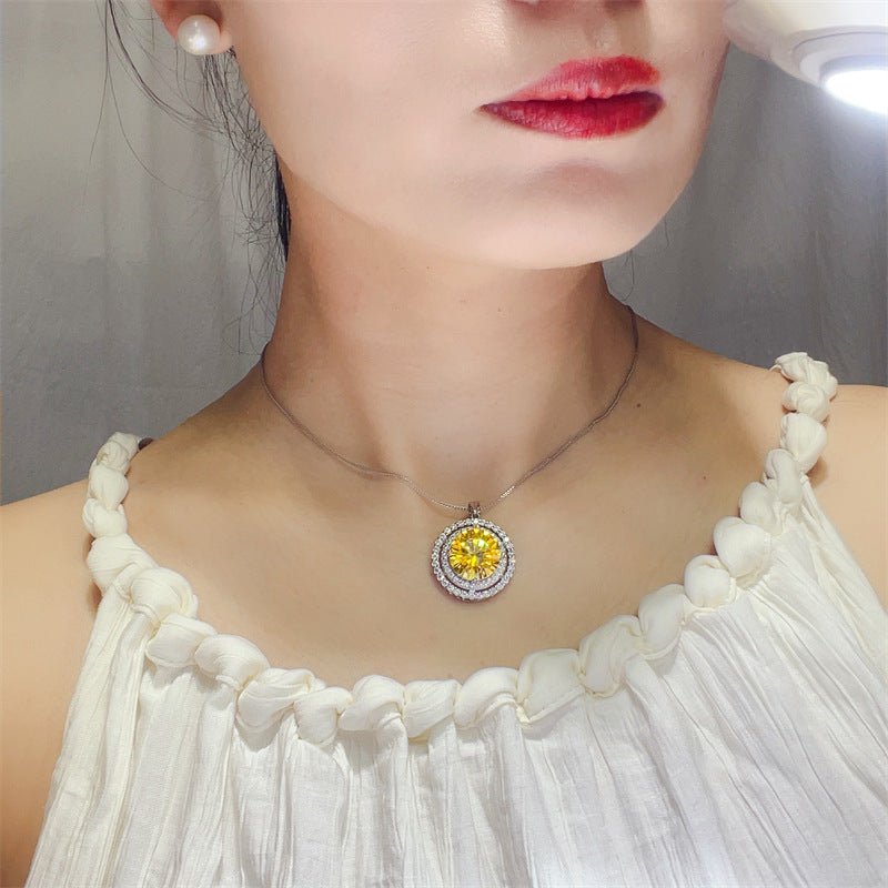 Yellow 10 Carat Moissanite Pendant Necklace Double Halo Round Chain Necklace – view 4