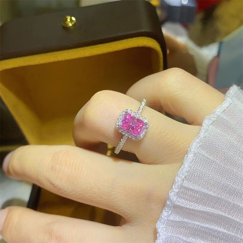 Pink Moissanite Halo Ring, Radiant-Cut Pavé Ring for Women, Size 8-19 – view 4