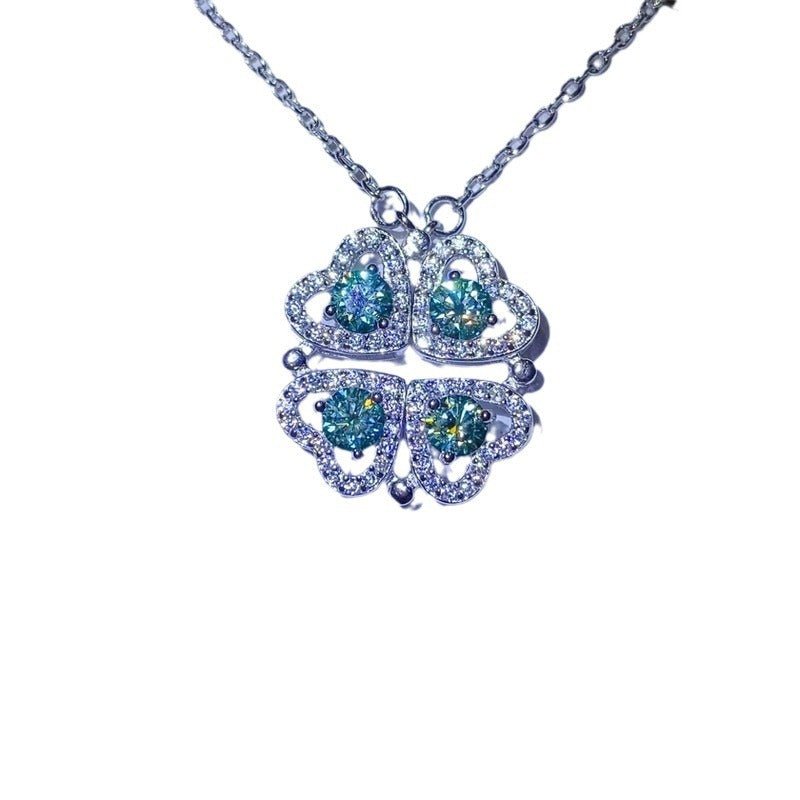 Green Moissanite Four Leaf Clover Pendant Necklace for Women, Leaf Shape Collarbone Chain Jewelry – view 5