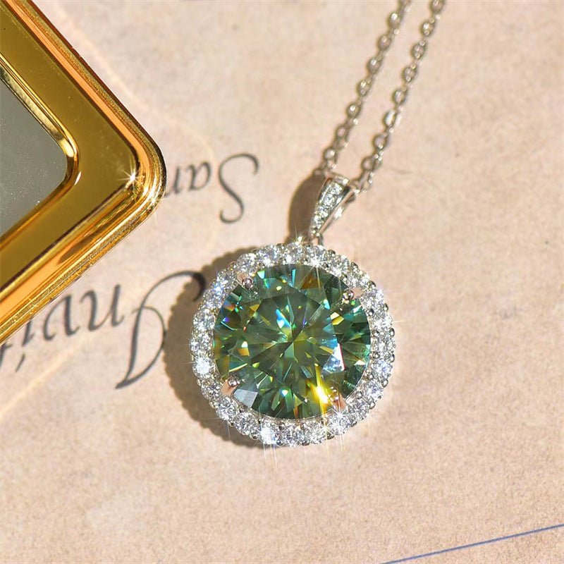 Green Moissanite Halo Pendant Necklace, Round Cut Sparkling Jewelry for Women – view 5