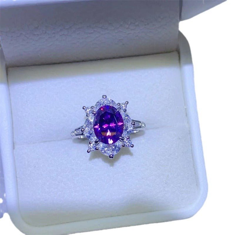 Purple Oval Moissanite Ring for Women, 2 Carat Halo Engagement Ring, U-Shaped Statement Ring – view 5