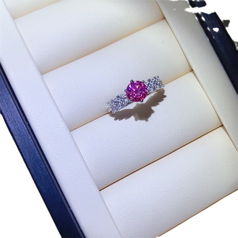 Pink Moissanite Ring for Women, Round Cut Promise Engagement Ring with Lucky Motif Side Detail – view 5