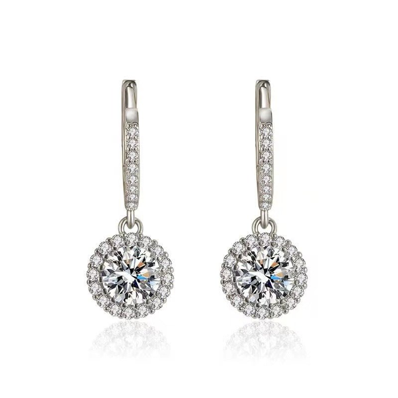 Moissanite Halo Drop Hoop Earrings for Women, Round Pavé Water Ripple Dangle Earrings – view 5