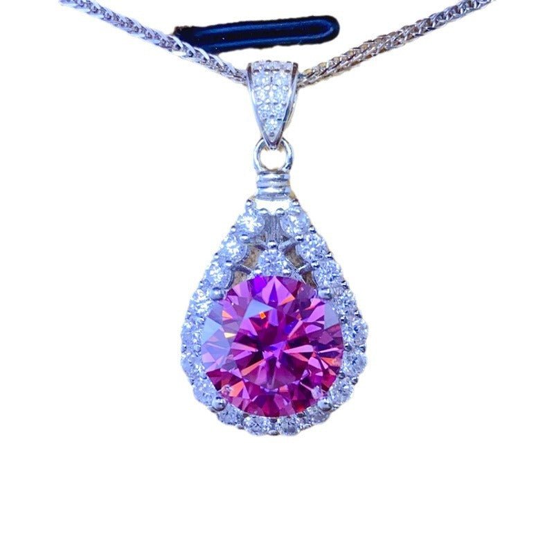 Pink Moissanite Teardrop Halo Pendant Necklace, 1 to 10 Carat Statement Clavicle Chain – view 5